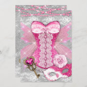 ランジェリーパーティーピンク鍵コレットマスクシルバー 招待状 (正面/裏面)