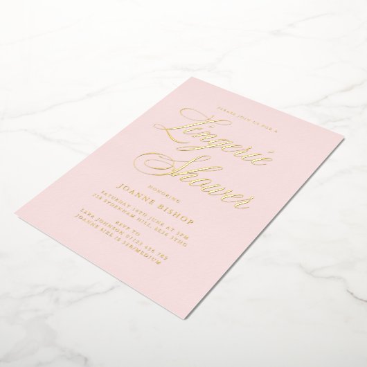 ランジェリーファンシーブライダルシャワー赤面と金ゴールド 箔招待状 (回転した状態)