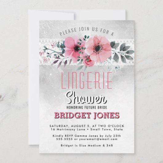 ランジェリーブライダルシャワーピンクウォーターカラーフローラレース 招待状 (正面)