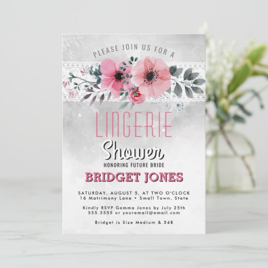 ランジェリーブライダルシャワーピンクウォーターカラーフローラレース 招待状 (スタンド正面)
