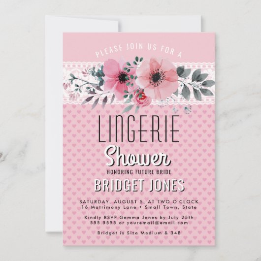 ランジェリーブライダルシャワーピンクフローラハートレース 招待状 (正面)
