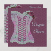 ランジェリーブライダルシャワープラムティール(緑がかった色)コルセットダマスク 招待状 (正面/裏面)