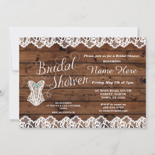 ランジェリーブライダルシャワーレースコルセットウッド招待状 招待状 (正面)