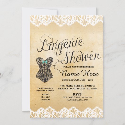 ランジェリー シャワー ブライダル パーティー コルセット レース 招待状 (正面)