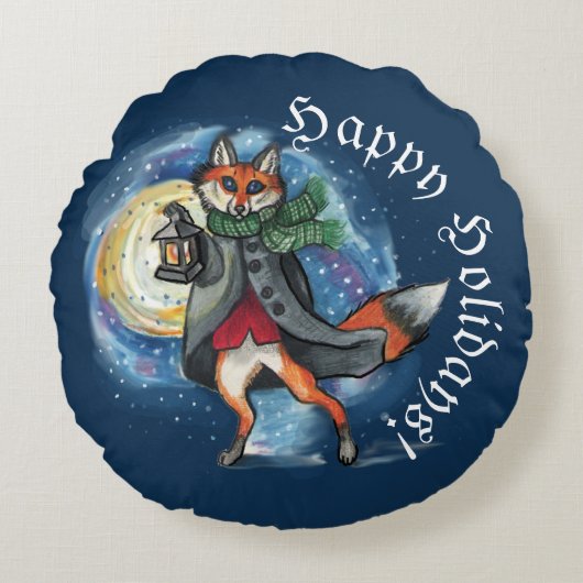 ランタンお洒落キツネインザスノーホリデー ラウンドクッション (正面)