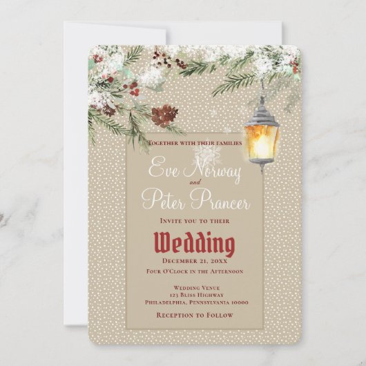 ランタンとグリーンがシンプルな冬のウェディング 案内状 (正面)