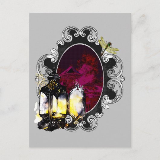 ランタンとトンボ – 魔法のヴィンテージ ポストカード (正面)