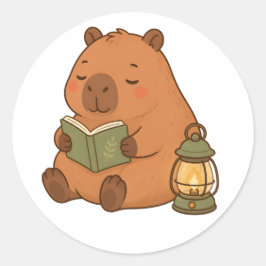 ランタンと本を読む可愛いカピバラのステッカーギフト ラウンドシール