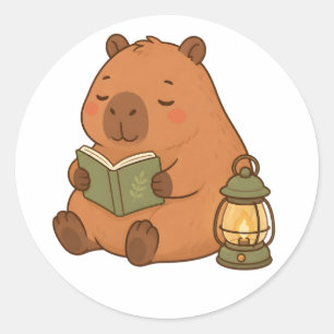 ランタンと本を読む可愛いカピバラのステッカーギフト ラウンドシール