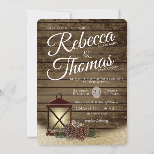 ランタンと松の球果素朴冬の結婚式 招待状 (正面)