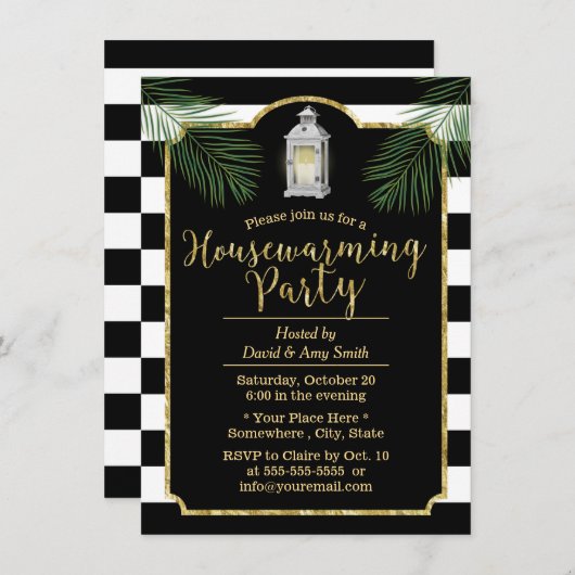 ランタンのモダンのストライプの熱帯引っ越し祝いパーティー 招待状 (正面/裏面)
