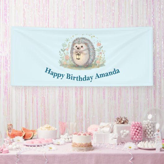 ランタンを持ったかわいいハリネズミの誕生日 横断幕 (パーティー)