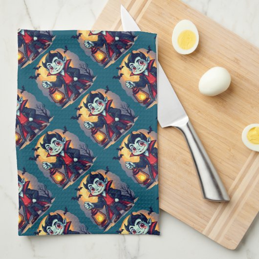 ランタンを持つかわいい吸血鬼 ハロウィン キッチンタオル (四つ折り)