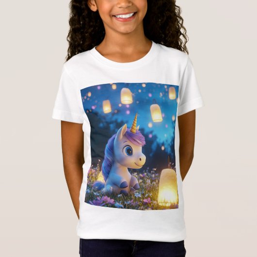 ランタンを持つかわいい魔法のユニコーンTシャツ Tシャツ (正面)