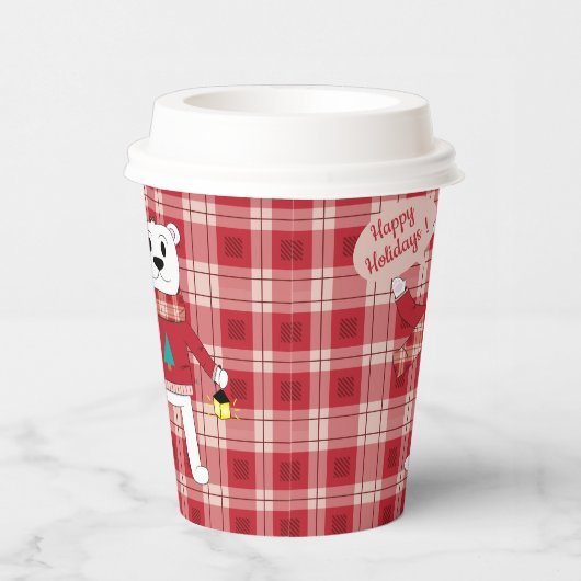 ランタンを持つ漫画の北極グマ |赤い格子  紙コップ (右)