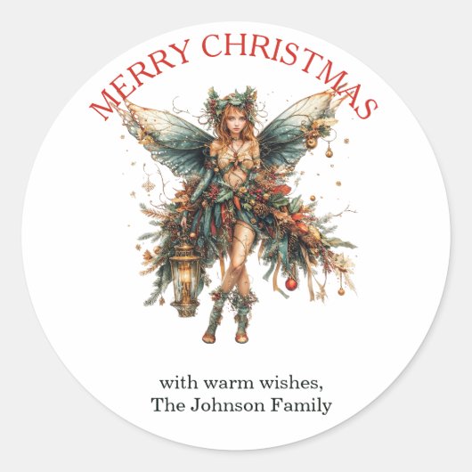ランタンエレガントのクリスマスを持つ休日の妖精 ラウンドシール (正面)