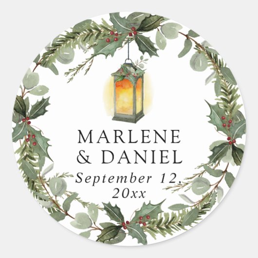ランタンエレガントウィンターホワイトnレッドホリー封筒 ラウンドシール (正面)