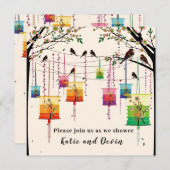 ランタンカラフルさくらんぼツリーバードウェディングシャワー 招待状 (正面/裏面)