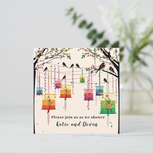 ランタンカラフルさくらんぼツリーバードウェディングシャワー 招待状 (スタンド正面)