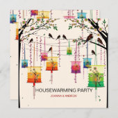 ランタンカラフルさくらんぼツリーバード引っ越し祝いパーティー 招待状 (正面/裏面)