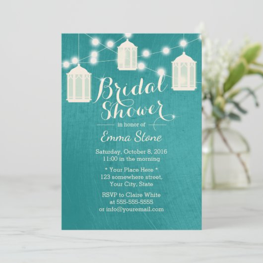 ランタンモダンエレガントティール(緑がかった色)ブライダルシャワー 招待状 (スタンド正面)