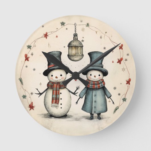 ランタンライトコンパニオン – ヴィンテージ雪だるま ラウンド壁時計 (正面)