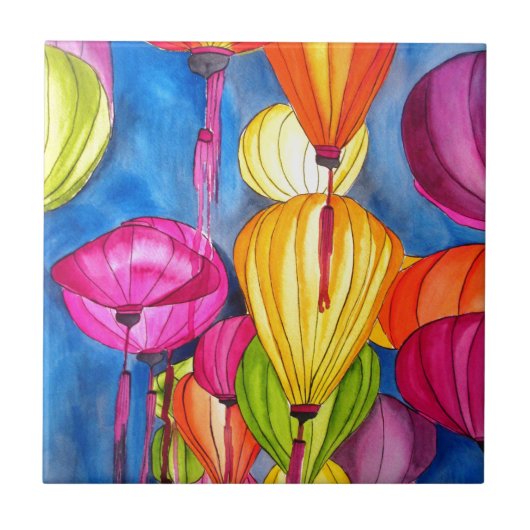 ランタン中国のの水彩画素晴らし術 タイル (正面)