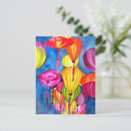 ランタン中国のの水彩画素晴らし術 ポストカード (スタンド正面)