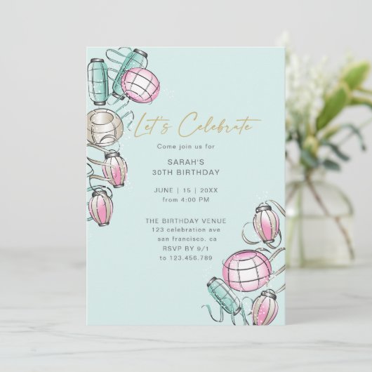 ランタン中国の&リボンテーマ誕生日招待状 ノートカード (スタンド正面)