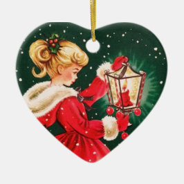 ランタン付きヴィンテージクリスマスガール セラミックオーナメント