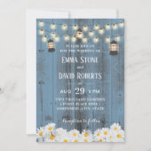 ランタン素朴とデイジーの花ほこりっぽいブルー結婚ズ 招待状 (正面)