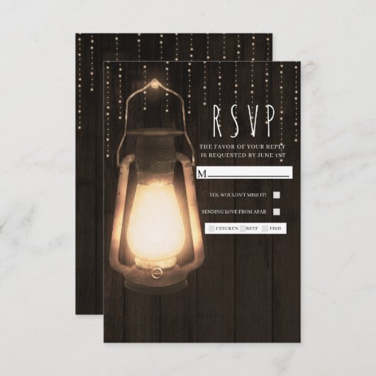 ランタン素朴とライトブラウン木製ウェディングRSVP 出欠カード (正面/裏面)