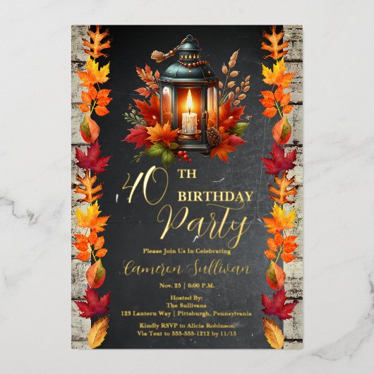 ランタン素朴と離れ秋40歳の誕生日パーティー 箔招待状 (正面)