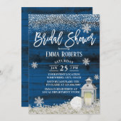 ランタン素朴ウィンタースノーフレークネイビーブライダルシャワー 招待状 (正面/裏面)