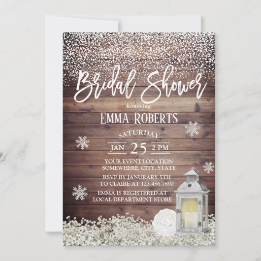ランタン素朴ウィンタースノーフレークブライダルシャワー 招待状 (正面)