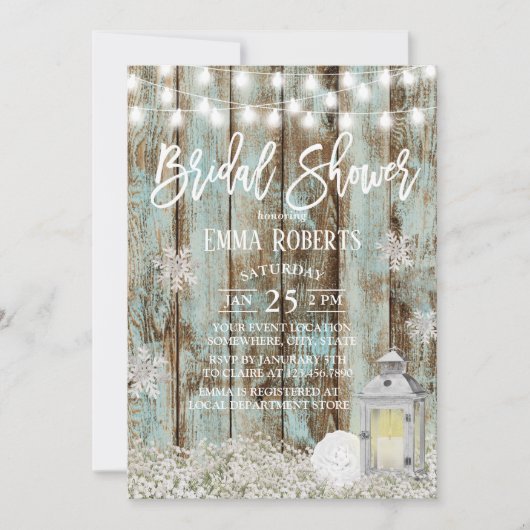 ランタン素朴スノーフレーク冬ブライダルシャワー 招待状 (正面)