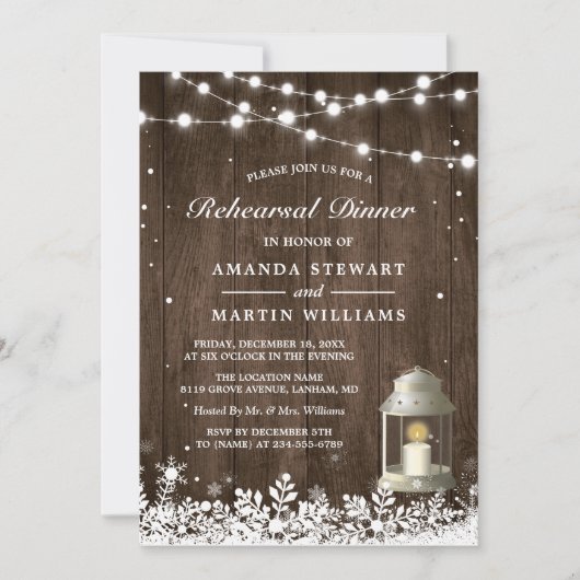 ランタン素朴スノーフレーク冬リハーサルディナー 招待状 (正面)
