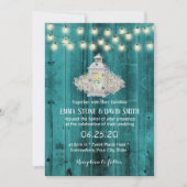 ランタン素朴&ストリングライトティール（緑がかった色）バーンズ結婚 招待状 (正面)