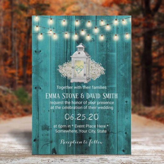 ランタン素朴&ストリングライトティール（緑がかった色）バーンズ結婚 招待状