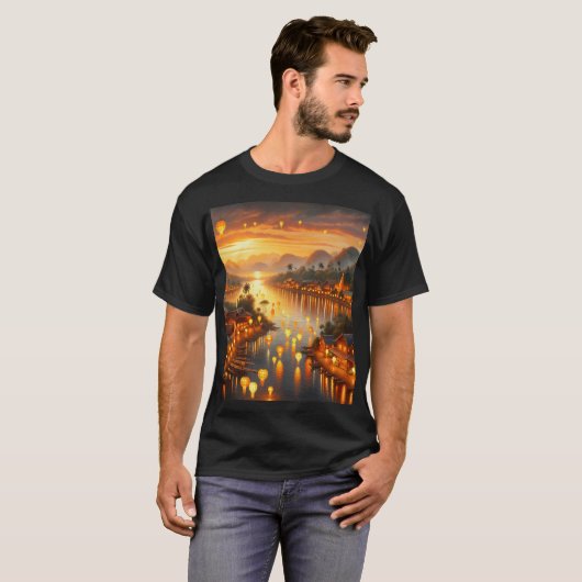 ランタン絵を描と浮いている夕日 Tシャツ (正面フル)