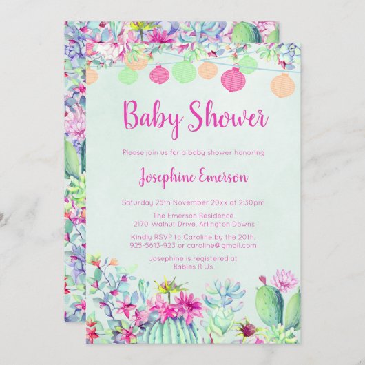 ランタン&サボテンベビーシャワー招待状 招待状 (正面/裏面)