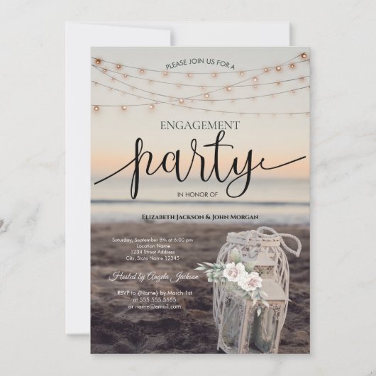 ランタン、ストリングライト、花、ビーチ婚約 招待状 (正面)