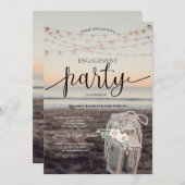 ランタン、ストリングライト、花、ビーチ婚約 招待状 (正面/裏面)