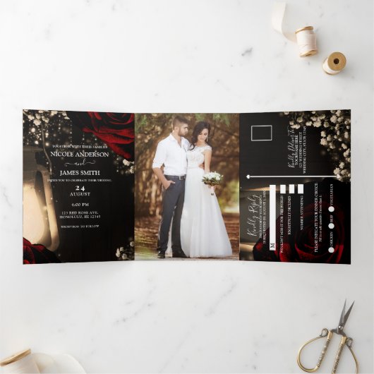 ランタン&レッドローゼロマンチック素朴結婚ズ 三つ折り招待状 (内部)