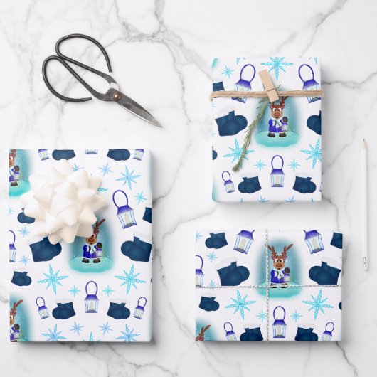 ランタンWのカスキーかわいい雪のクリスマストナカイ ラッピングペーパーシート (正面)