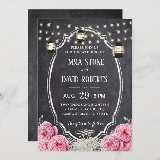 ランタ素朴ンヴィンテージフローラチョーク結婚ボード 招待状 (正面/裏面)