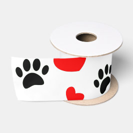ランダムな漫画の犬の手のプリントと赤いハート サテンリボン