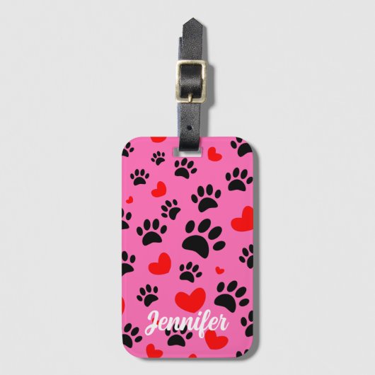 ランダムな漫画の犬の手のプリントと赤いハート ラゲッジタグ (正面縦)