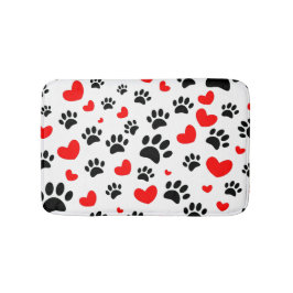 ランダムな犬の足跡と赤いハートの犬アート バスマット
