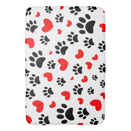 ランダムな犬の足跡と赤いハート バスマット (正面縦)